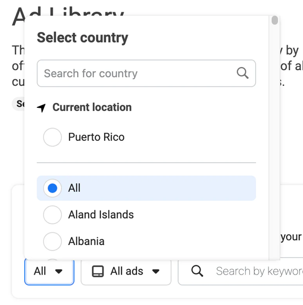 Meta Ad Library location selector organized by country