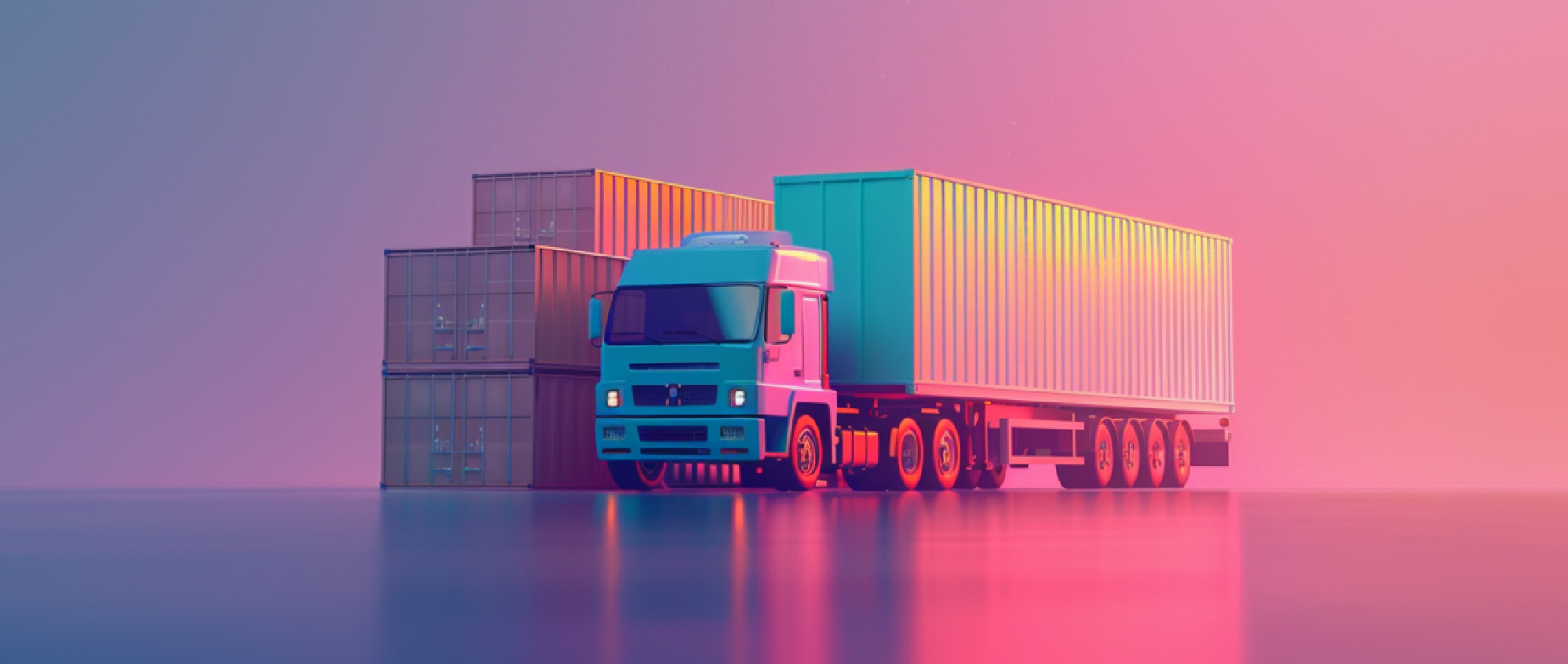 A truck parked next to shipping containers on a pink and blue background.