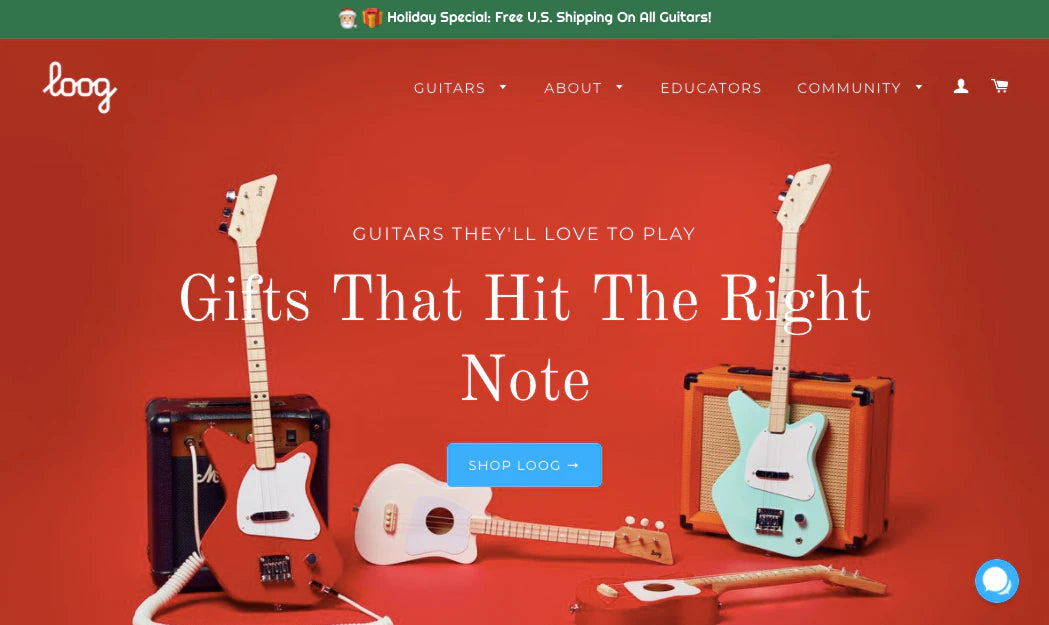 An announcement bar on Loog’s homepage promotes its holiday shipping deal