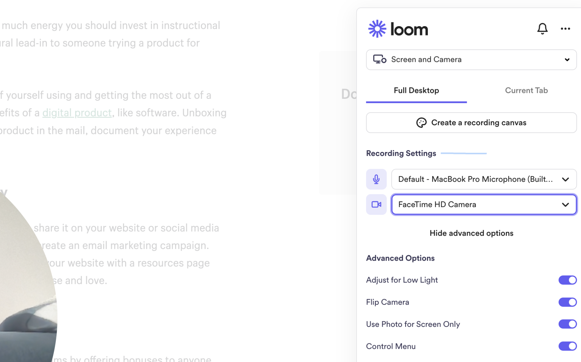 Loom recording interface with options for screen and camera capture.