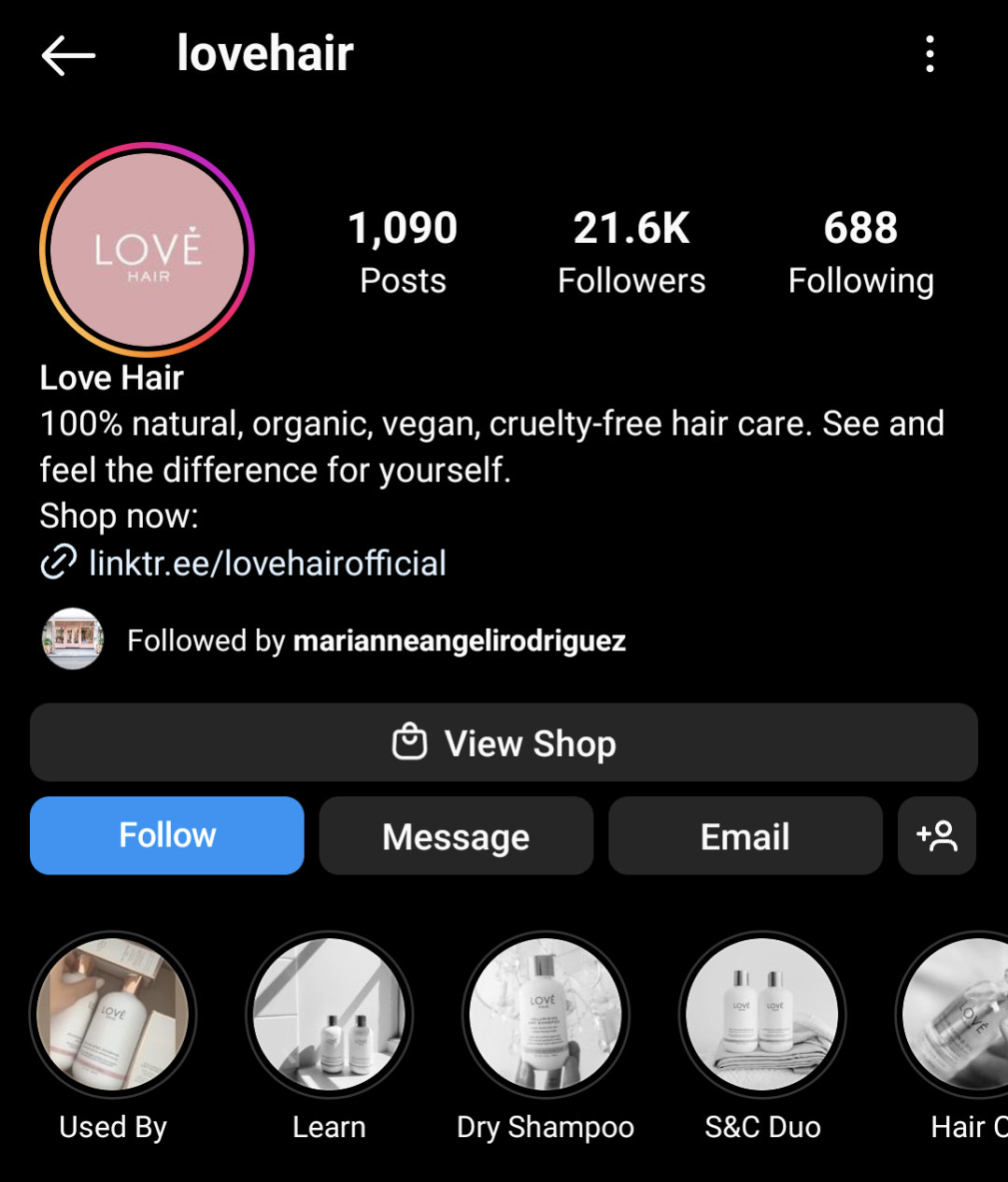 screenshot of Love Hair Instagram bio