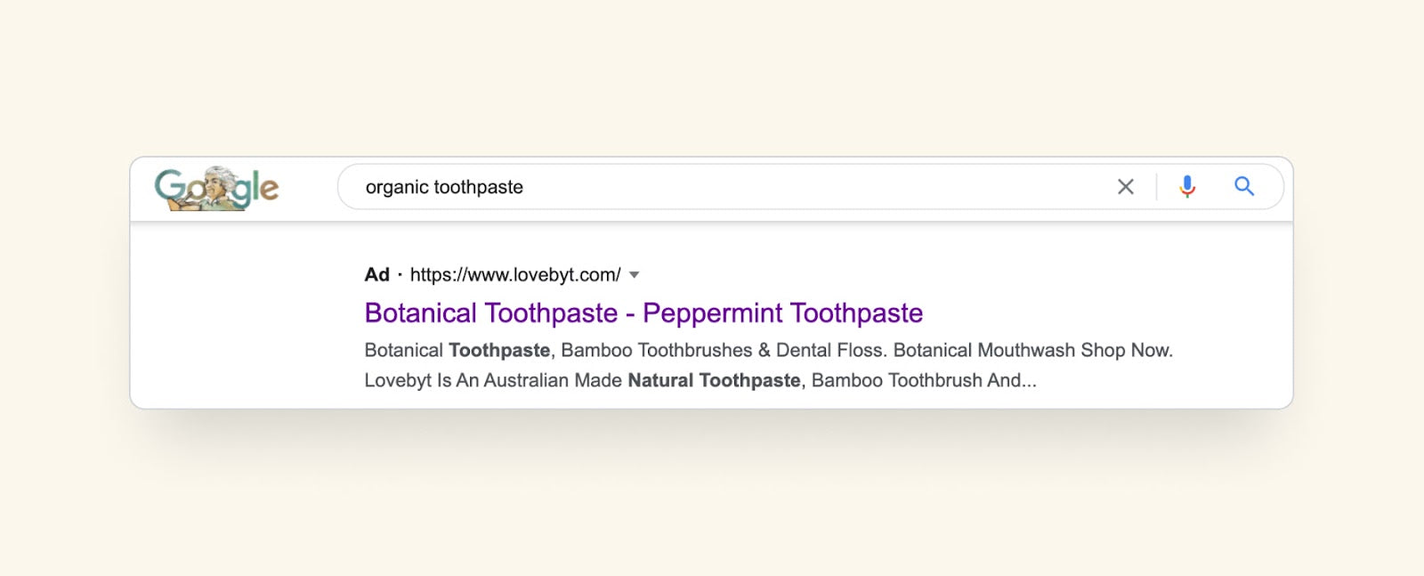 Search results for the phrase “organic toothpaste” with LOVEBYT’s paid ad at the top.