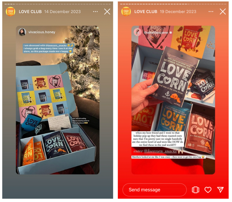 2 Instagram stories from Love Corn feature an image of the product with a positive customer review.