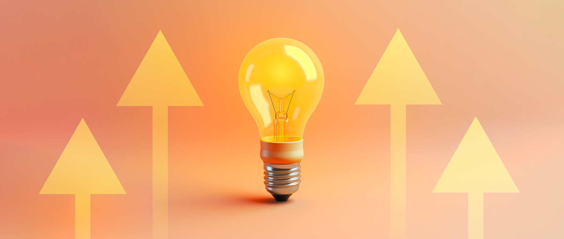 Yellow lightbulb surrounded by arrows pointing up on an orange background: low-cost business ideas
