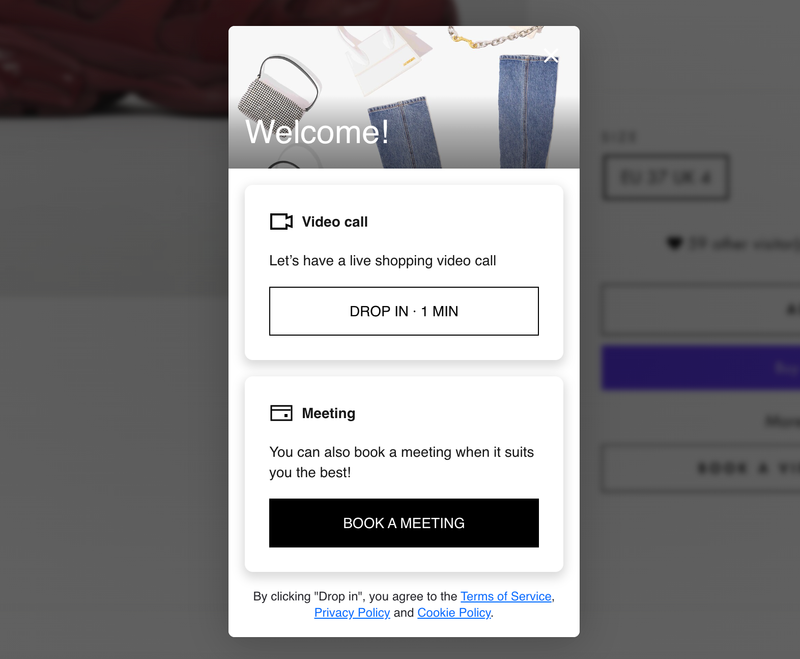 Popup box showing options to book a live shopping video call or a meeting.