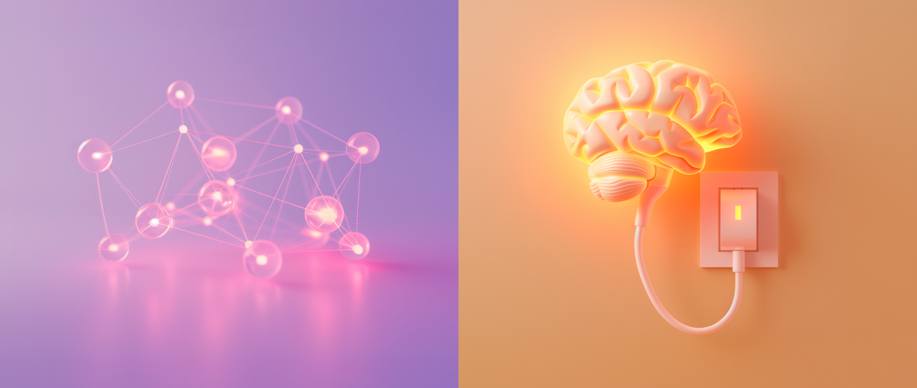 Image of a molecule on a purple background next to a brain plugged in on an orange background.