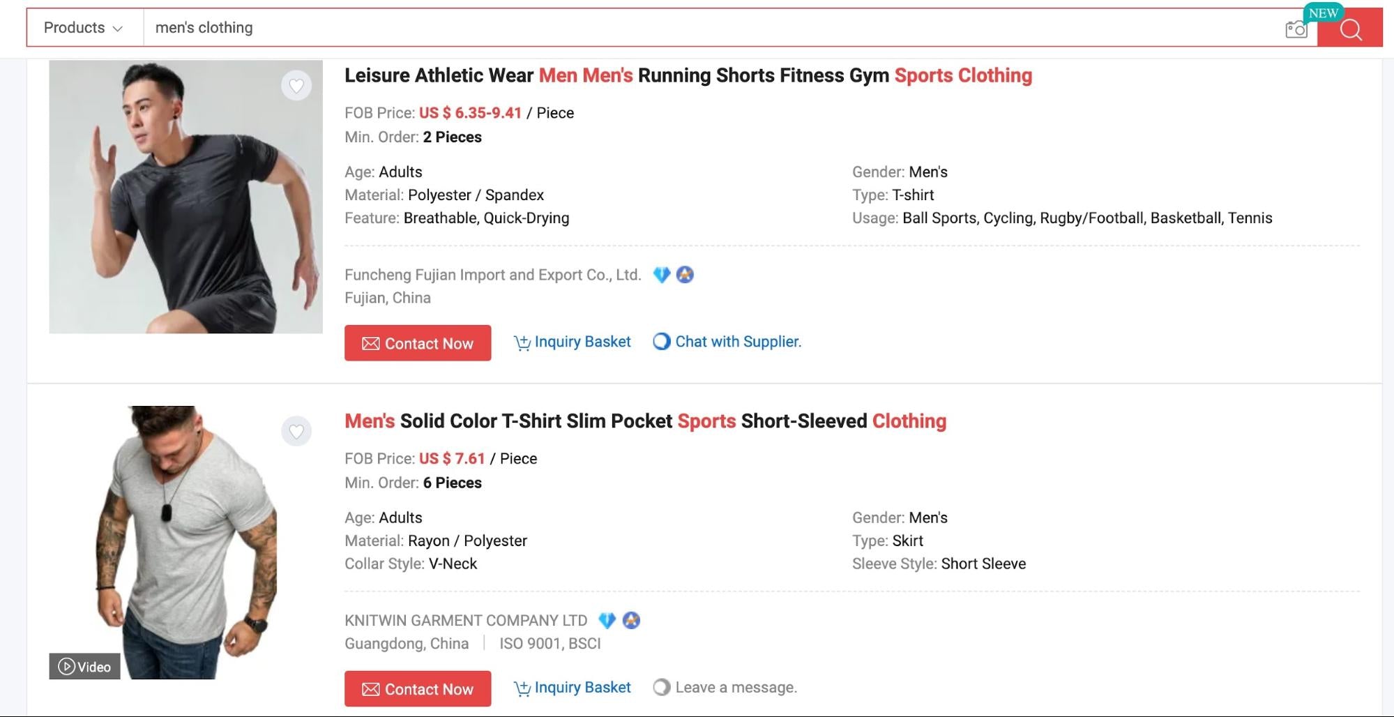 Image of Made-in-China wholesale marketplace showing results for “men’s clothing” query