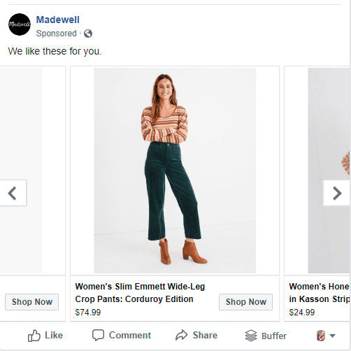 Facebook carousel ad by Madewell with an image of a smiling woman wearing a striped long-sleeved top, jeans, and boots.