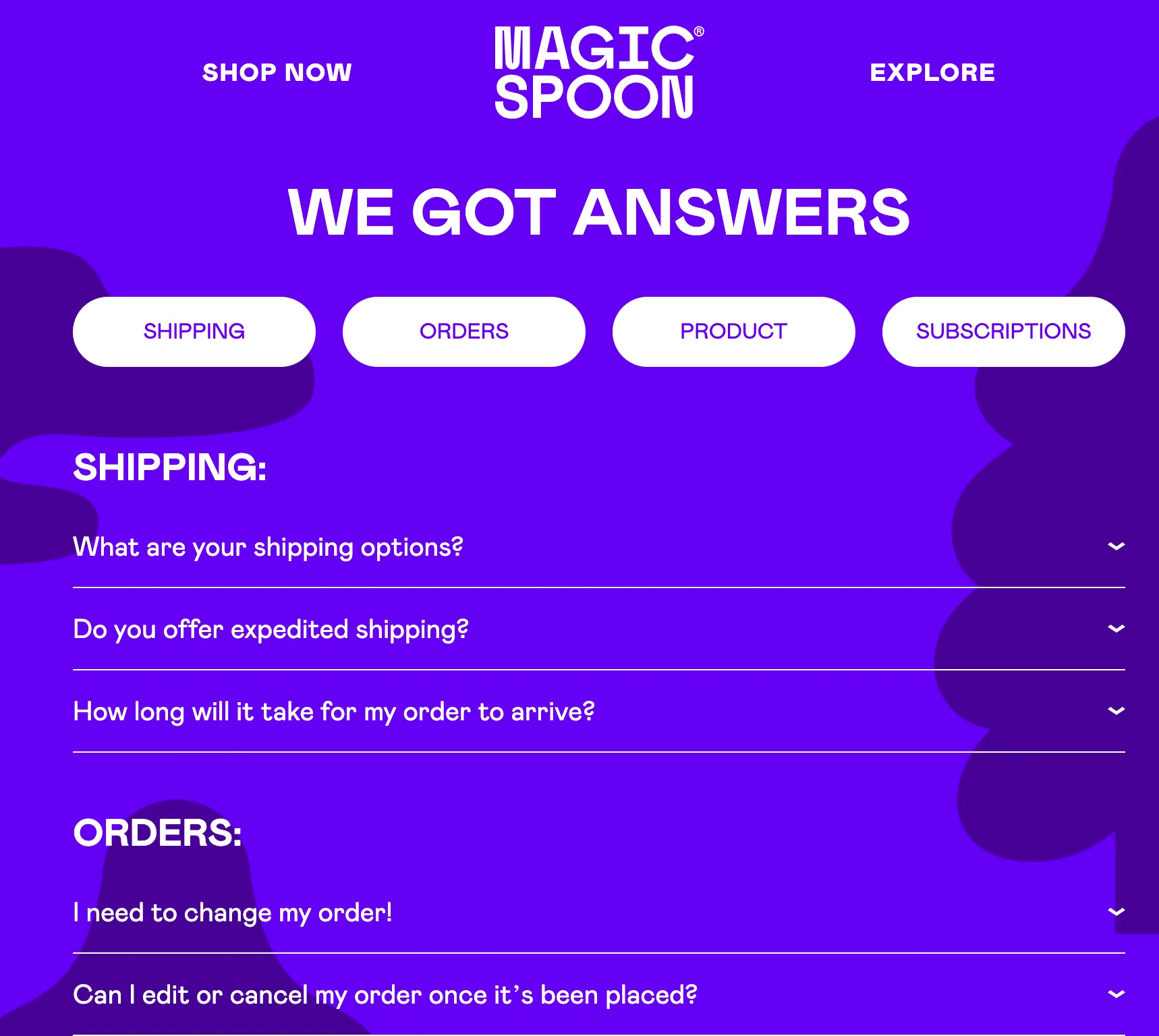 Magic Spoon’s FAQ page with subcategories addressing shipping, orders, product, and subscriptions.