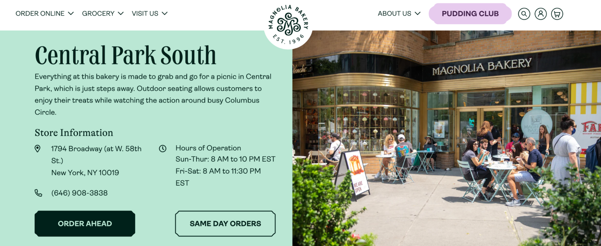 Landing page for a bakery in Central Park.