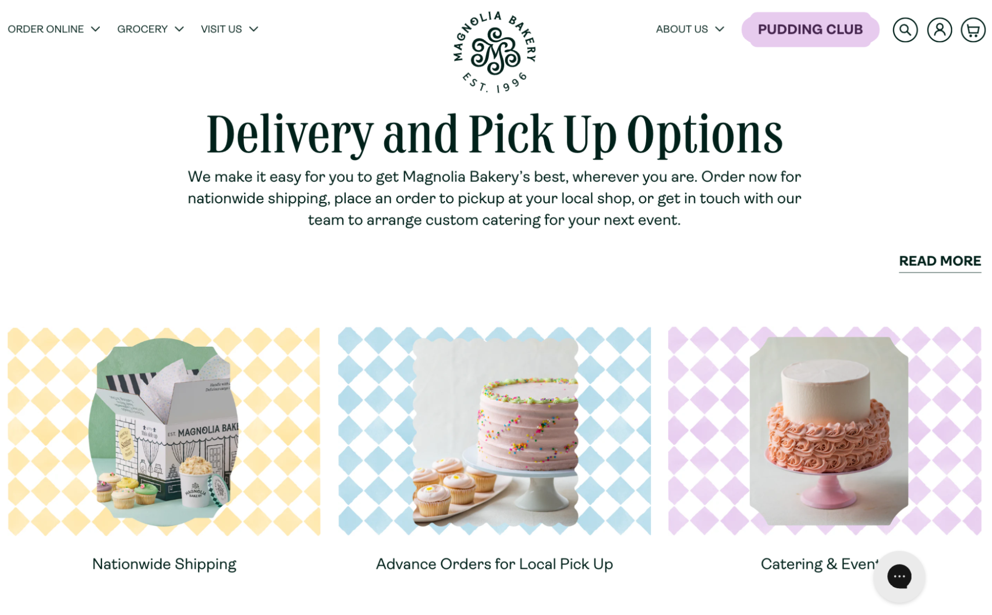 Magnolia Bakery’s landing page, showing its delivery and pickup options.