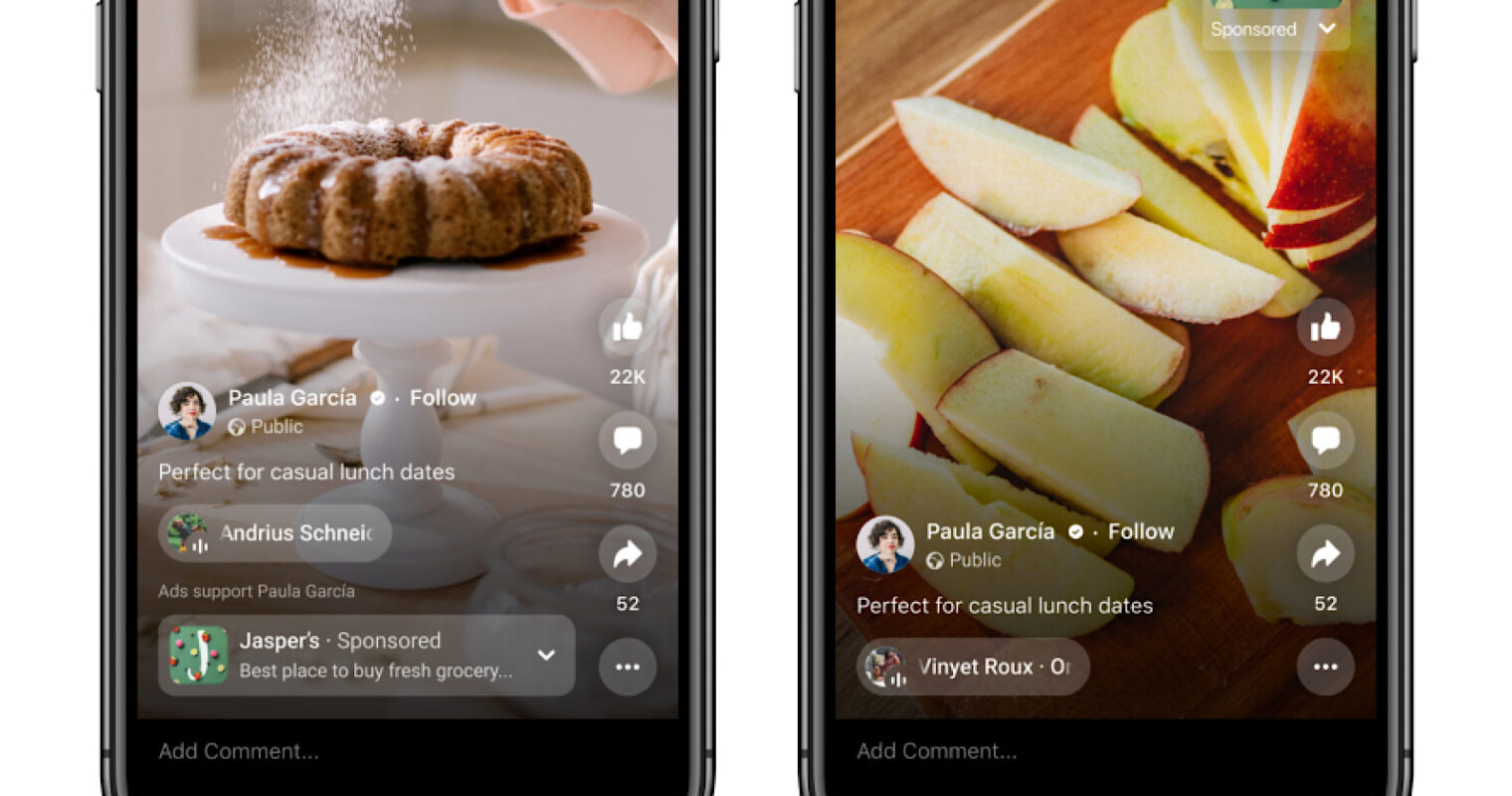 Deux images montrent une vue mobile d'une campagne Facebook présentant des photos d'aliments.
