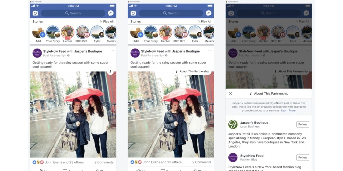 Three panels showing the mobile view of a brand partnership campaign on Facebook