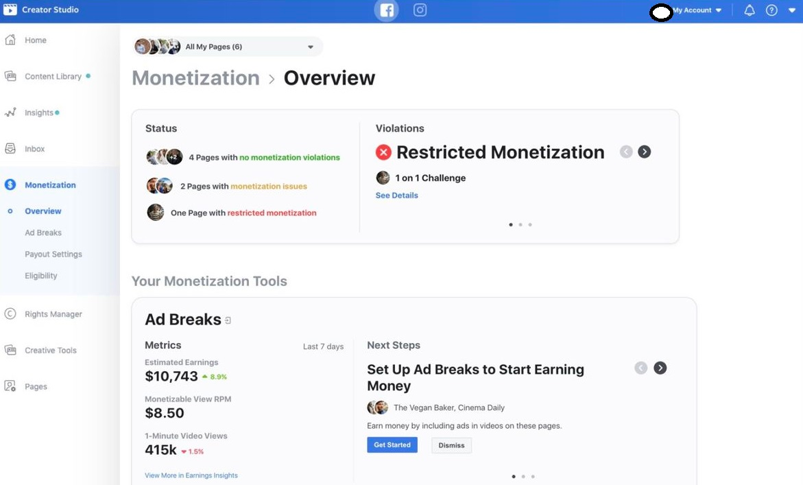 Screen grab of Facebook admin flow in Creator Studio