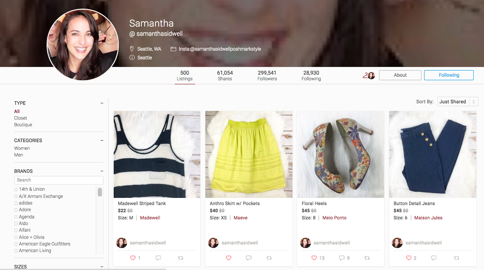 Screengrab of a Poshmark page showing a user's collection of clothes for resale