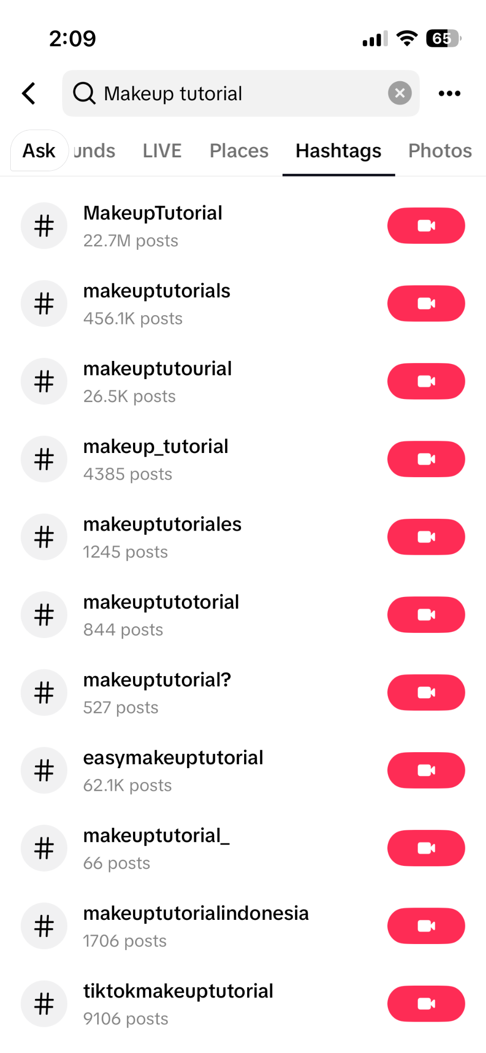 TikTok search results for "Makeup tutorial" showing related hashtags and post counts.