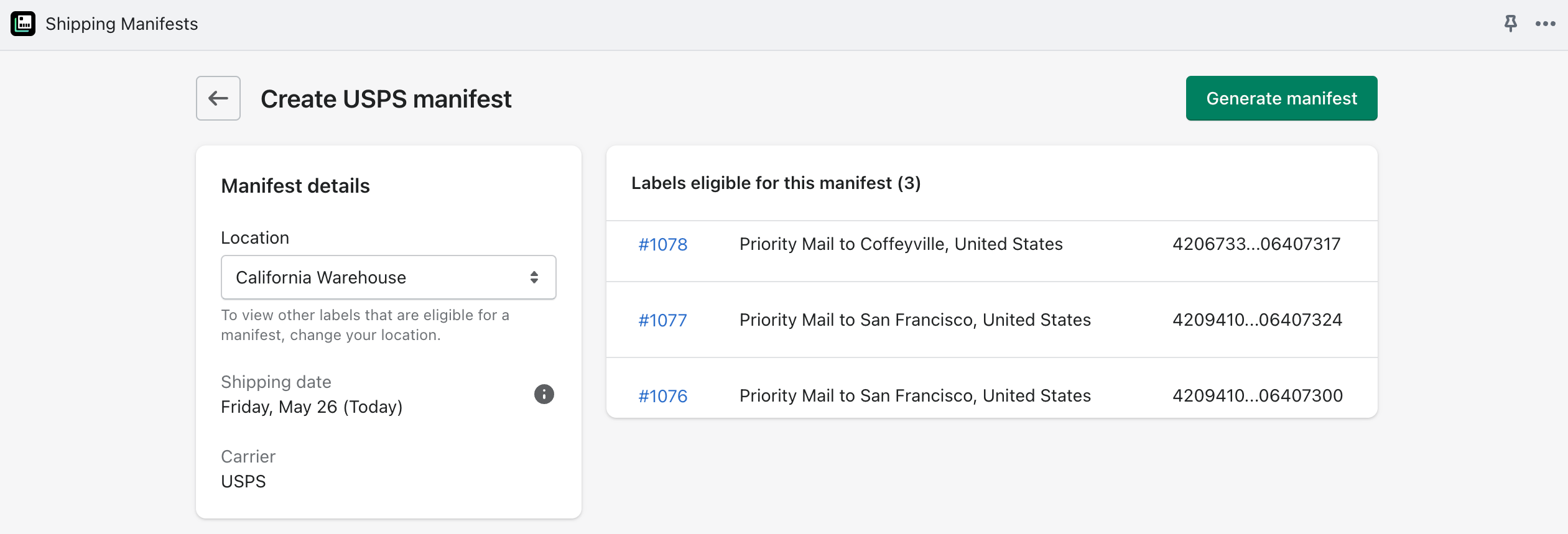 A manifest scan form being generated for a group of UPSP orders