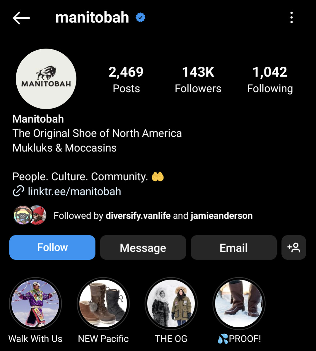 screenshot of Manitobah Mukluks Instagram bio