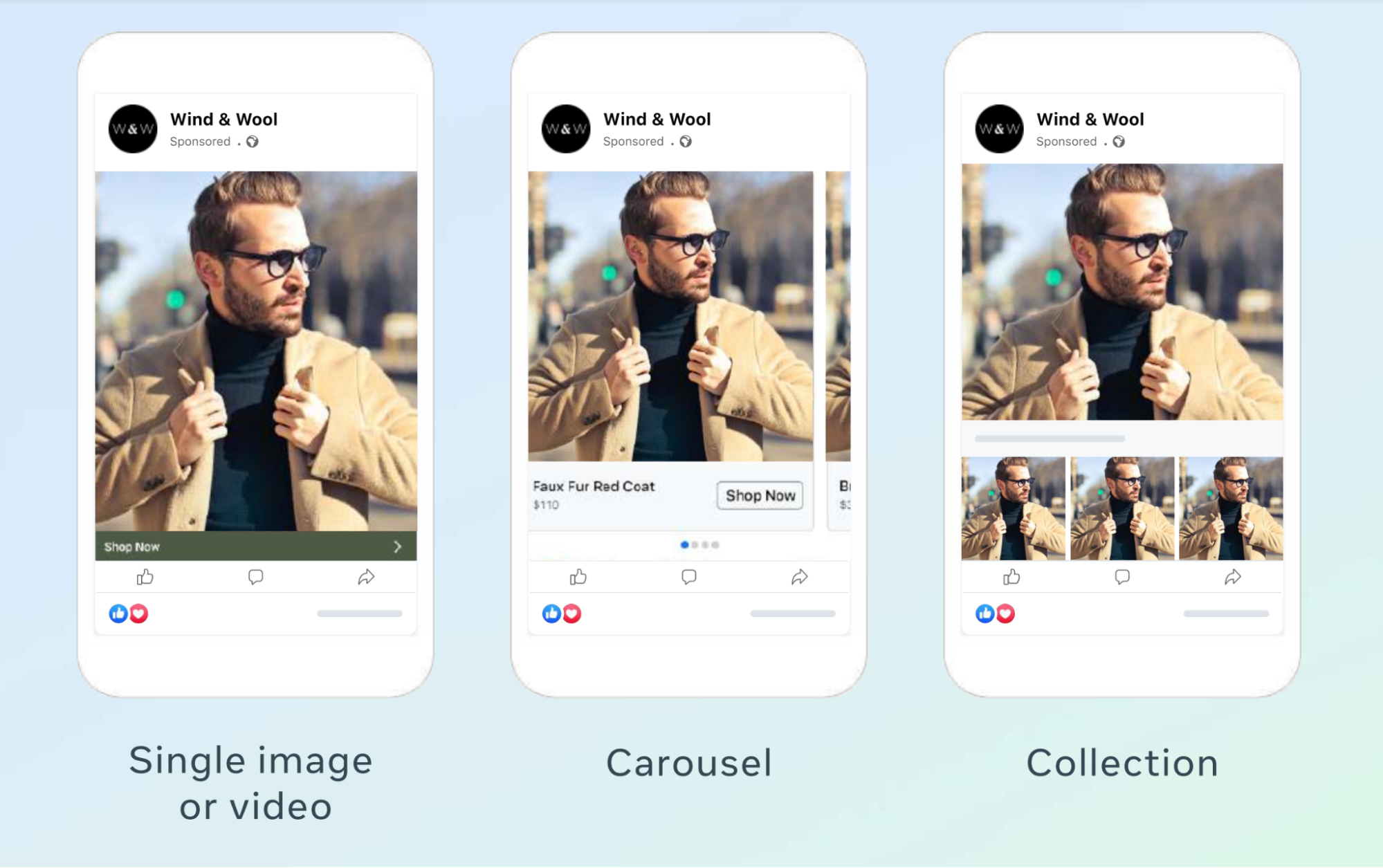 An ad showing a model wearing a blazer and glasses is formatted in Facebook’s three ad types.