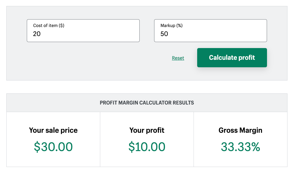 Screenshot of Shopify’s profit margin calculator with calculations being made