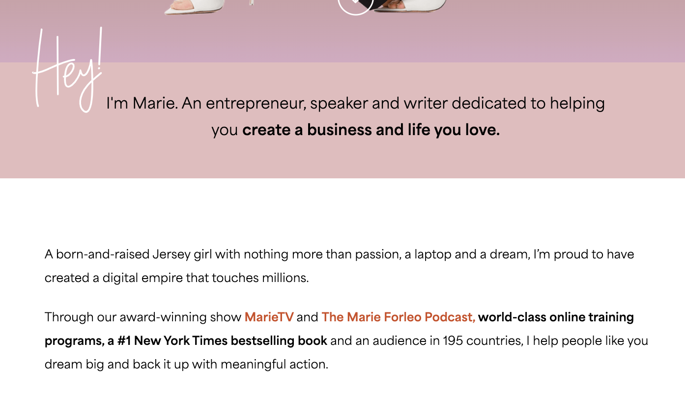 Screenshot of Marie Forleo About Us page showing the founder’s hand-written greeting and listing her achievements