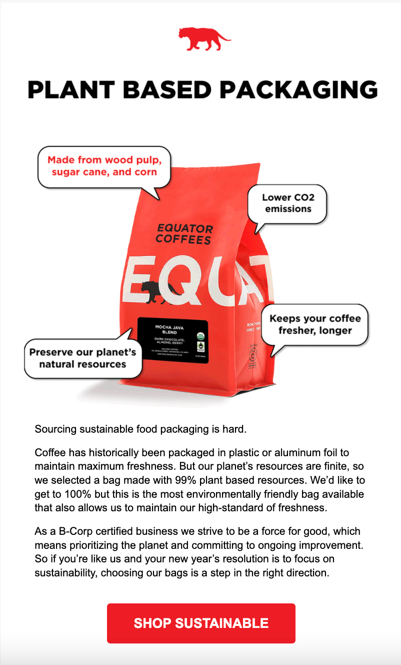 A screenshot of an email sent by Equator Coffee that shows an image of a bag of Equator Coffee
