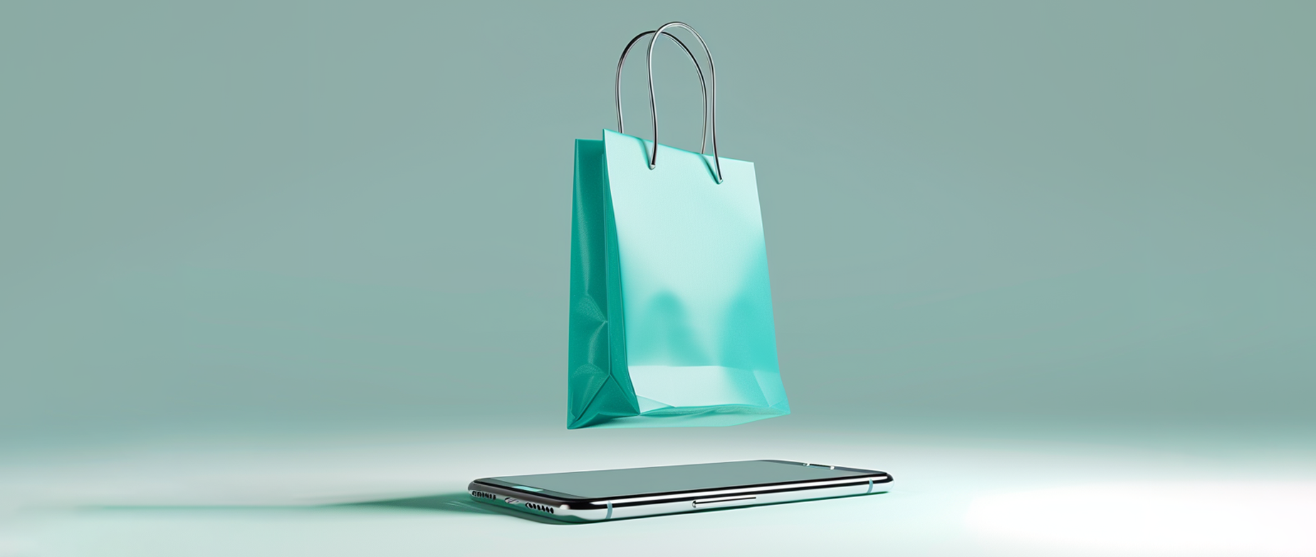 A blue shopping bag hovering over a phone laying on a white surface.