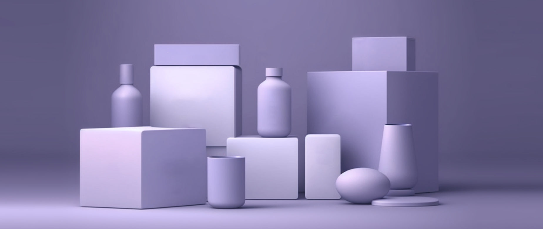 minimalist household products without labels against a purple background; marketing collateral