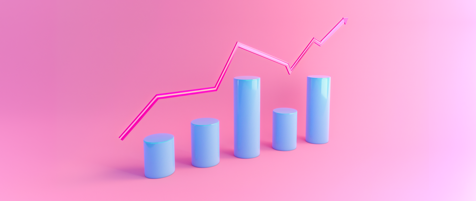 Blue cylinders of different heights below a red line graph on a pink background.