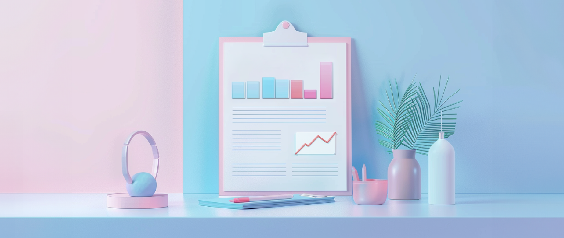 A desk with a clipboard, pen, and plants on a pink and blue background.