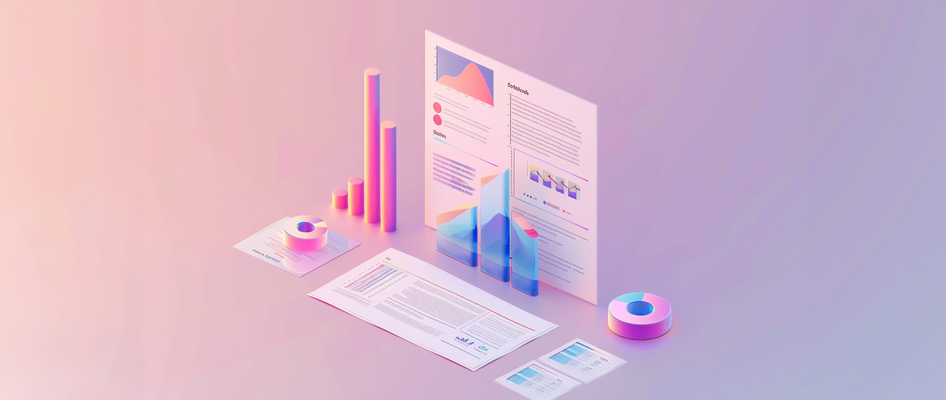 A marketing report display with charts and briefs on a light pink and purple background.