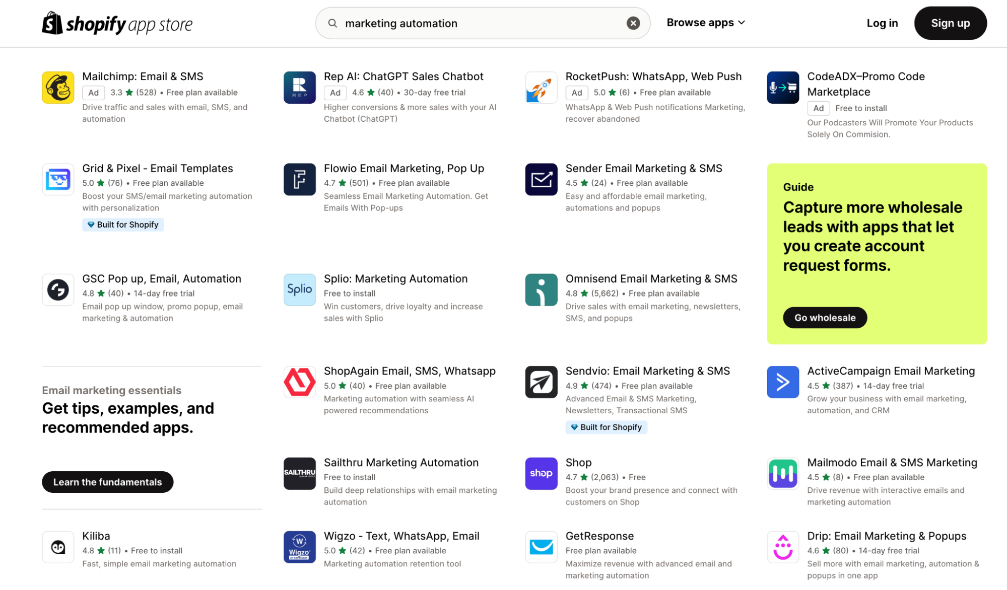 Shopify’s App Store with links to the top marketing automation apps listed out in two columns.