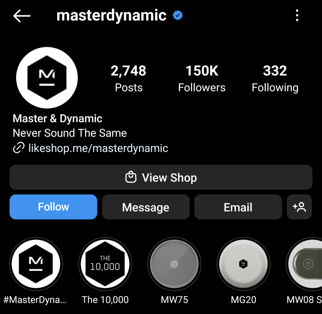 screenshot of Master and Dynamic Instagram bio