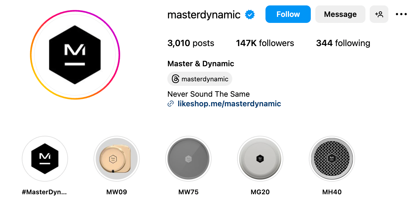 Master & Dynamic’s bio with a simple geometric logo and grayscale Highlight covers.