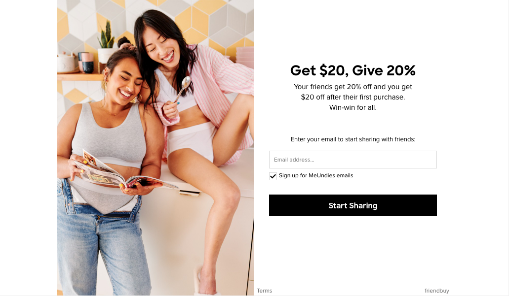 A screenshot of the MeUndies referral program featuring two smiling women