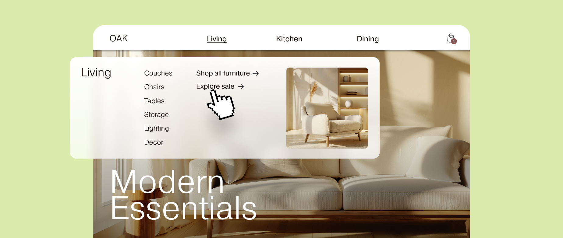 A cursor selecting a mega menu on the Oak furniture website on a light green background.