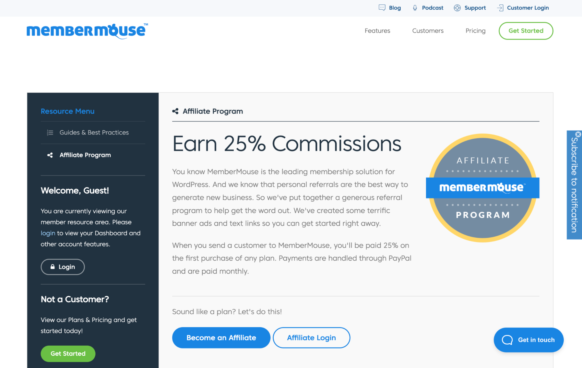 A screenshot of the MemberMouse affiliate program landing page.