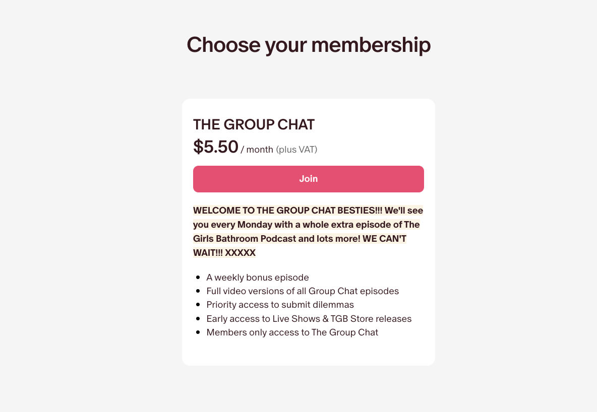 Patreon page for a popular podcast titled “The Group Chat” which costs $5.50 per month.
