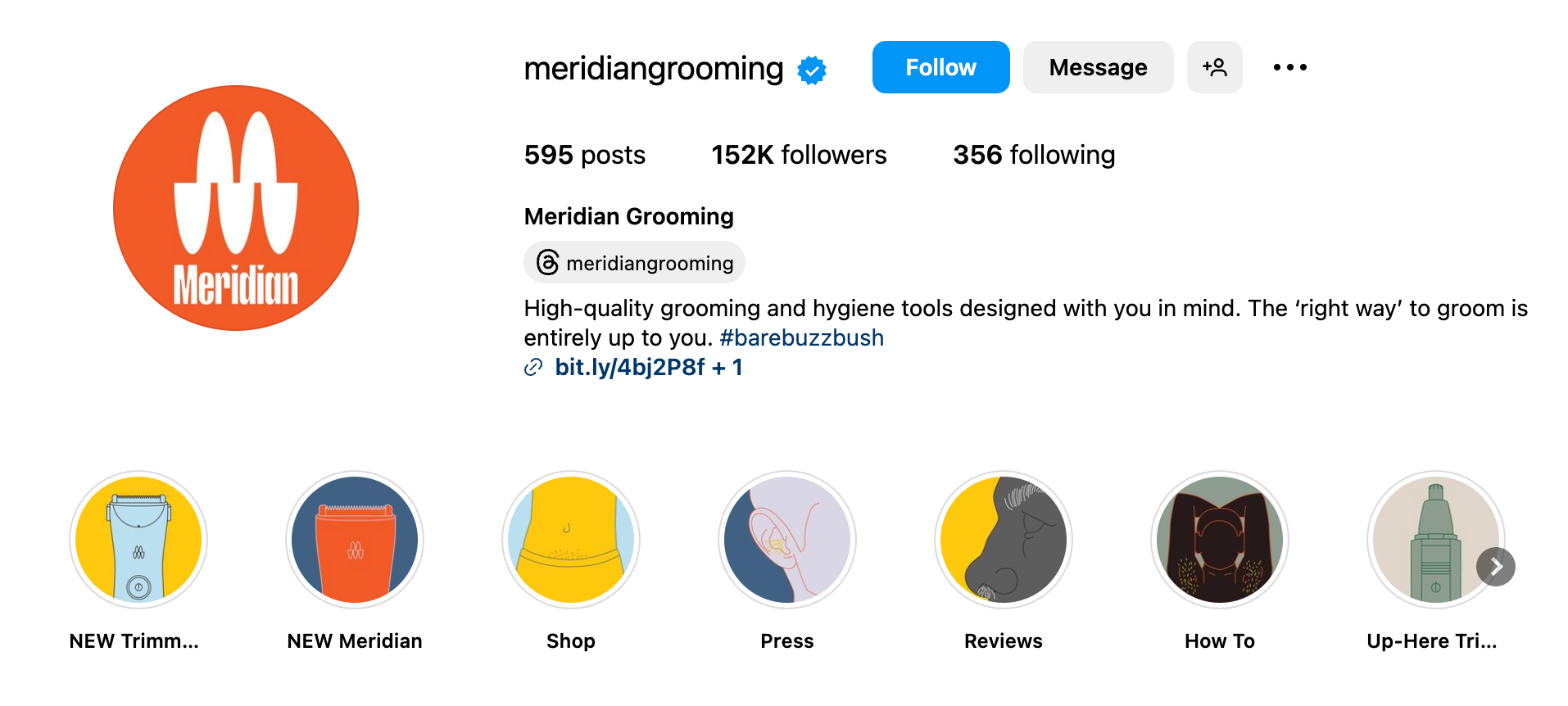 Meridian Grooming’s instagram bio shows a bright orange logo and colorful highlight thumbnails.