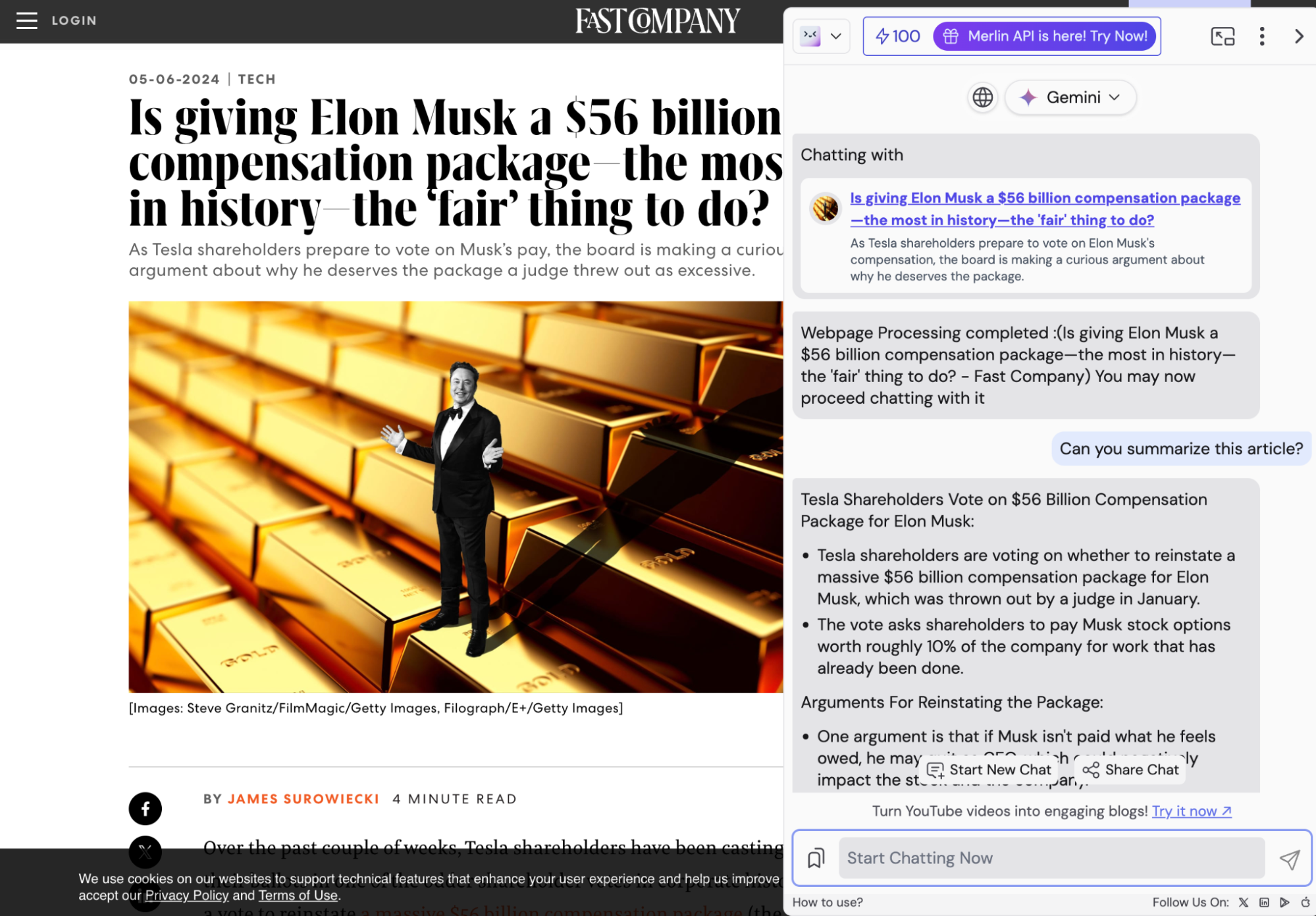 Merlin extension summarizing a Fast Company article about Elon Musk’s compensation package.
