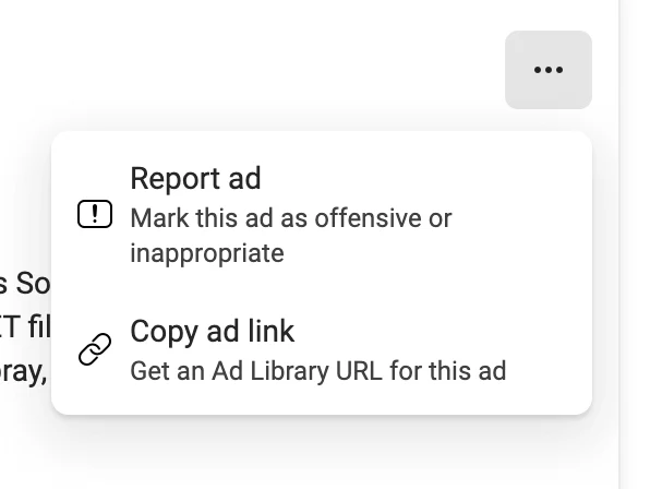 Meta Ad Library options for reporting ad violations or copying ad URLs