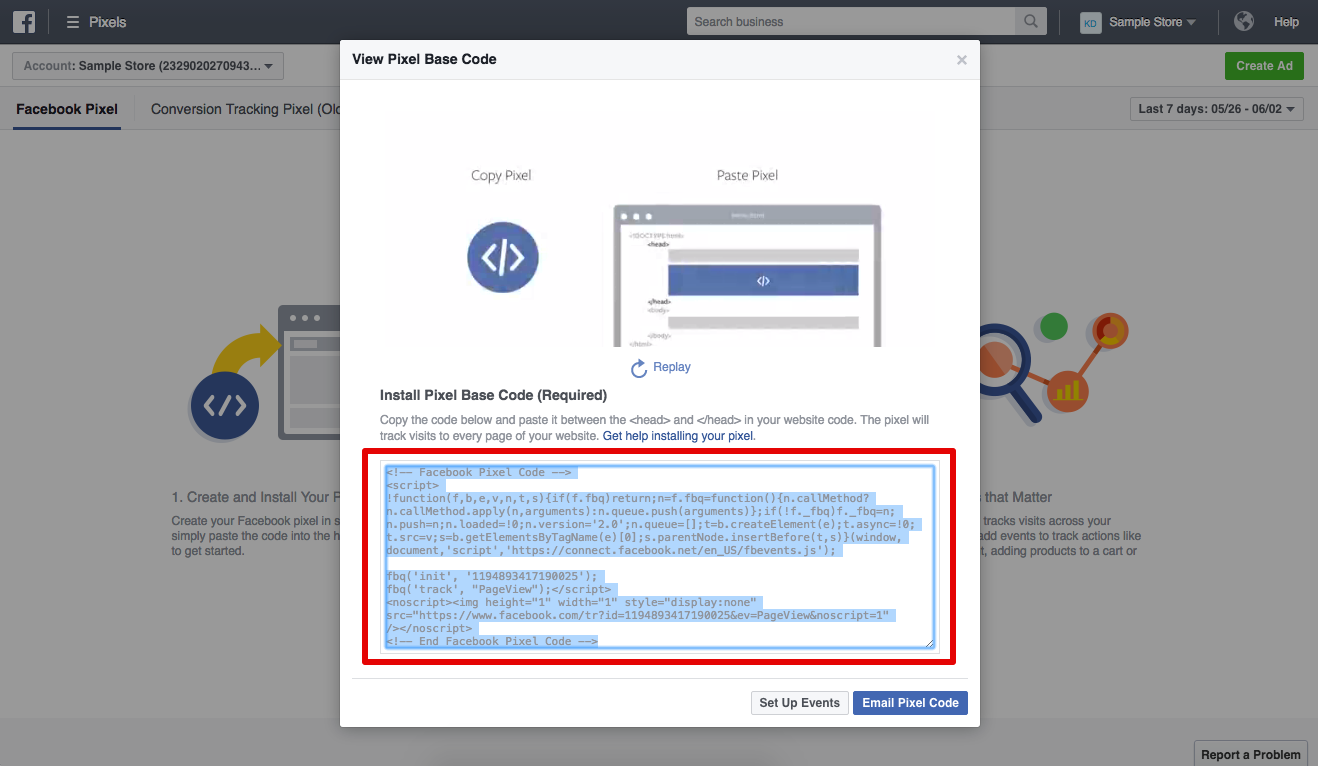 A text box containing Meta Pixel HTML code is generated for use in Meta Business Manager.