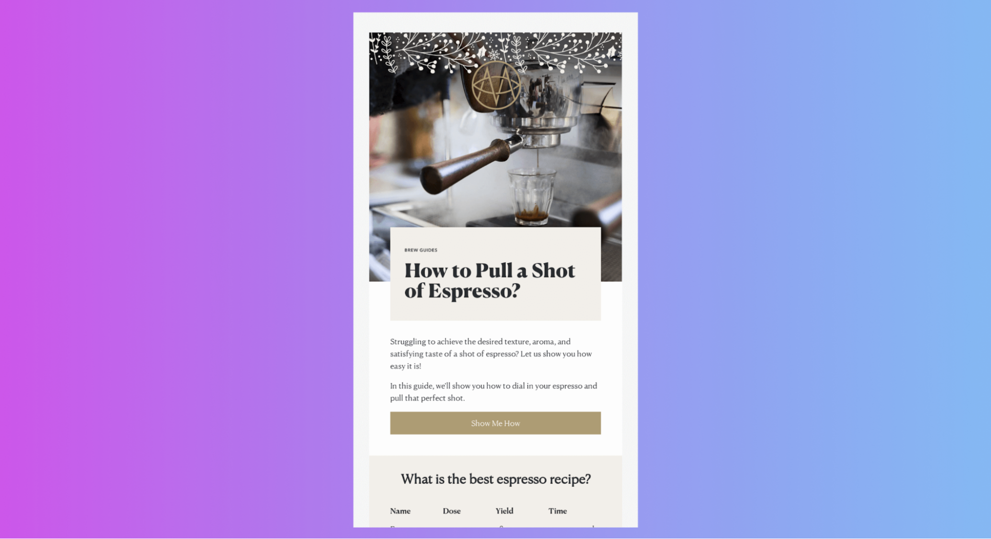 Short email that teaches people how to pull espresso shots.