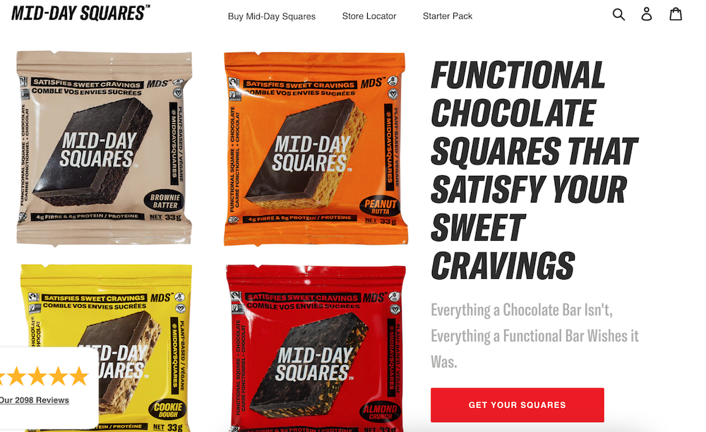 Mid-Day Squares product page with the title, “Functional chocolate squares that satisfy your sweet cravings”.