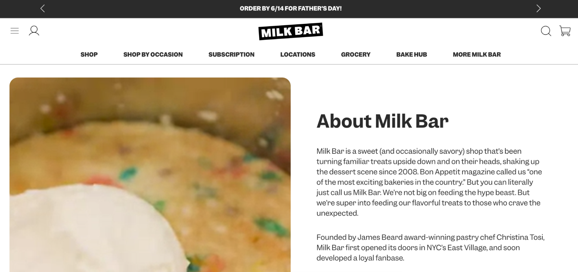 Screenshot of Milk Bar About Us page which describes their history and shows a video of desserts being made