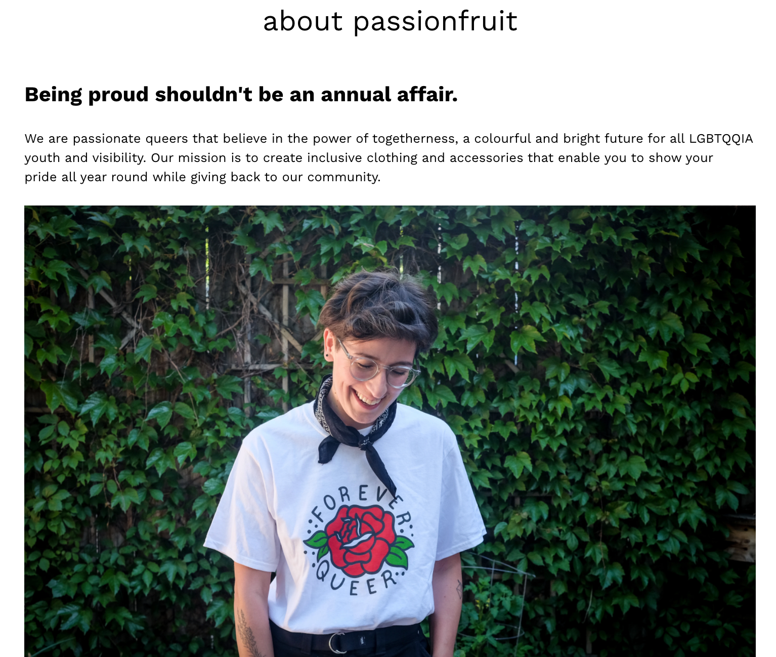 A mission statement example on the website of apparel brand Passionfruit, alongside a picture of woman