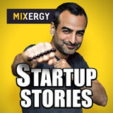 The logo for the Mixergy podcast. Yellow background with bold, white font and a picture of host Andrew Warner holding his fist out.