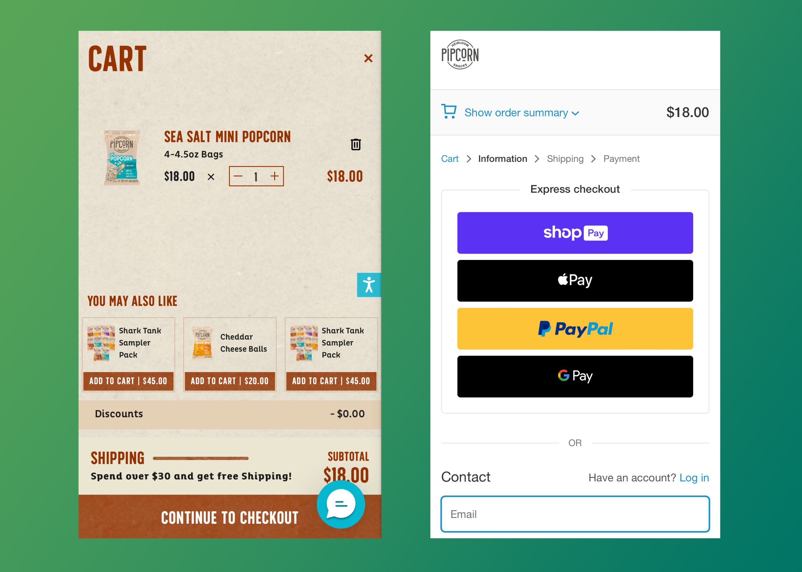 Checkout page for Pipcorn's mobile ecommerce site