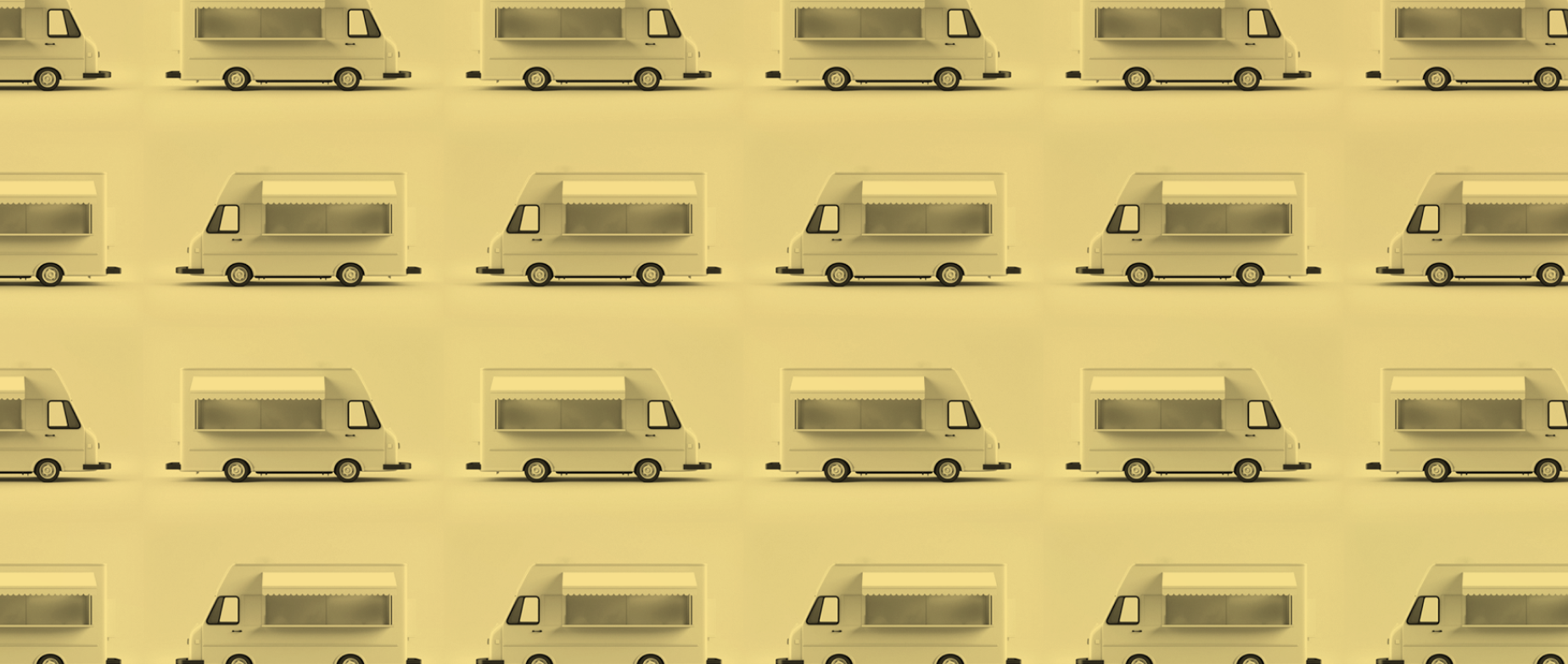 Vendor trucks in rows in a light yellow background.