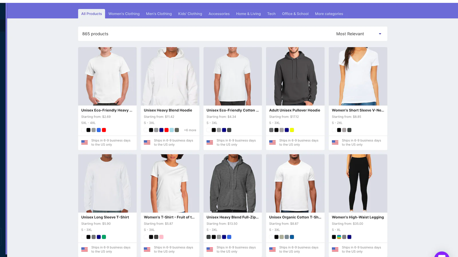 Clothing products ready for dropshipping including t-shirts, hoodies, and leggings